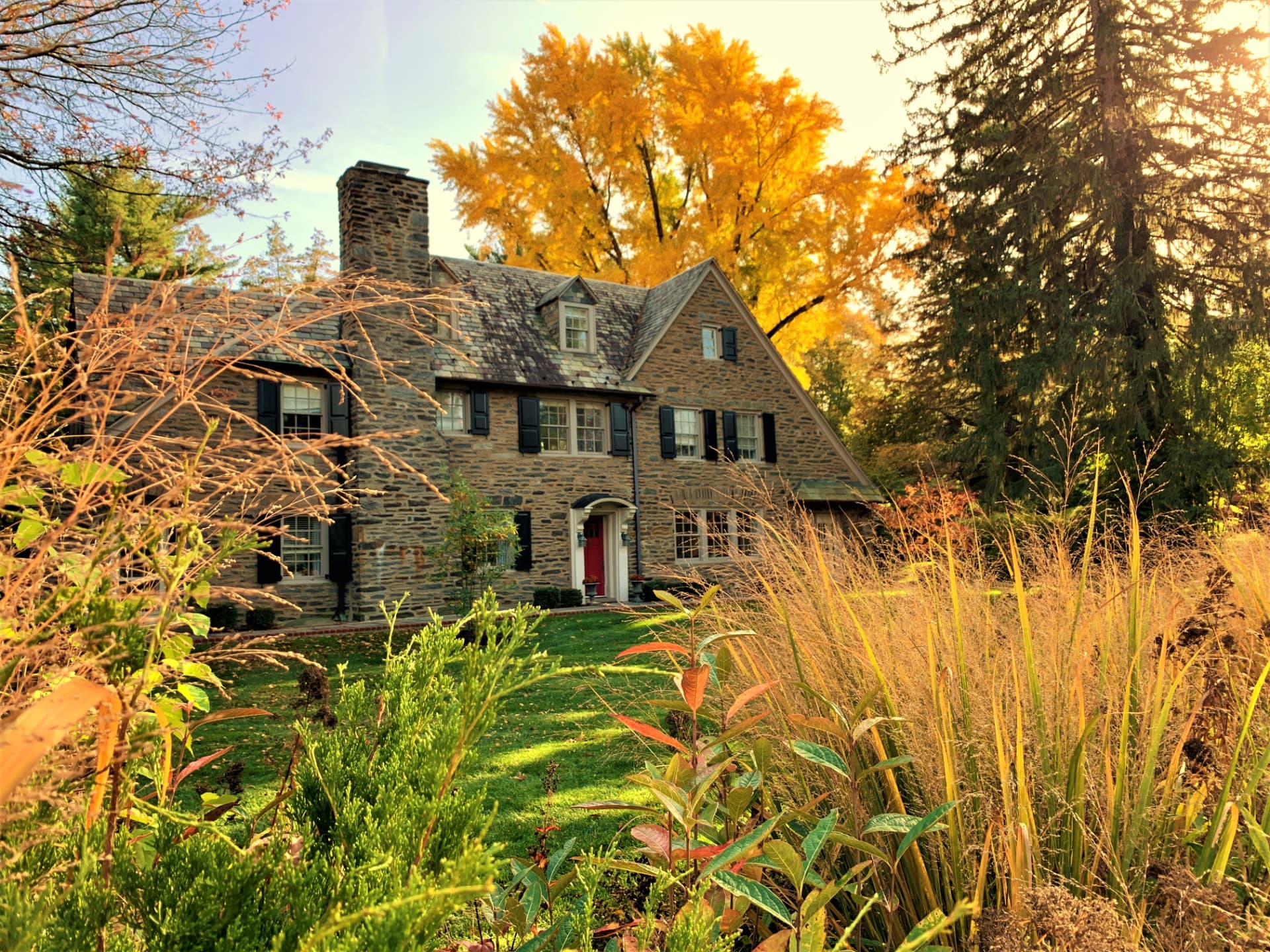 Stone home with a red door framed by golden grasses and autumn foliage on Sabine Avenue