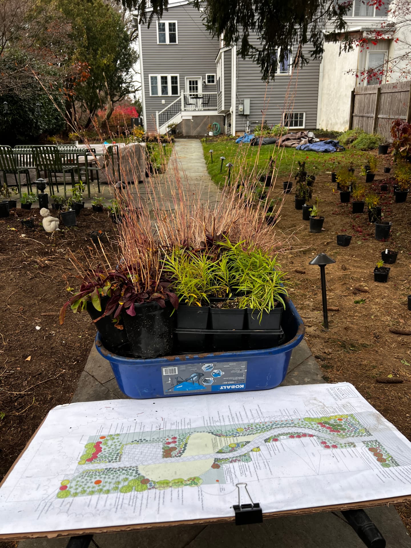 Planting plan and new plants arranged beside the prepared West Chester garden beds