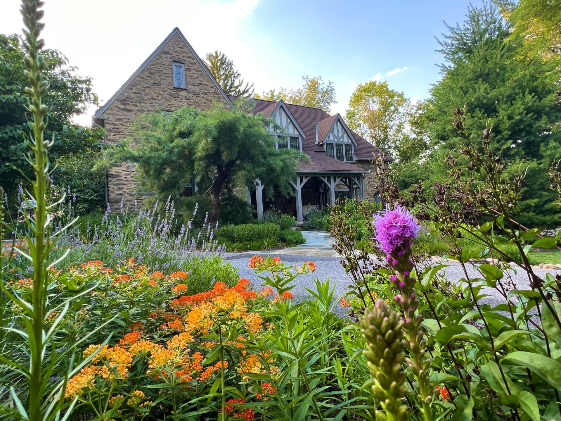 Cottage façade with blazing star and orange flowers in the foreground