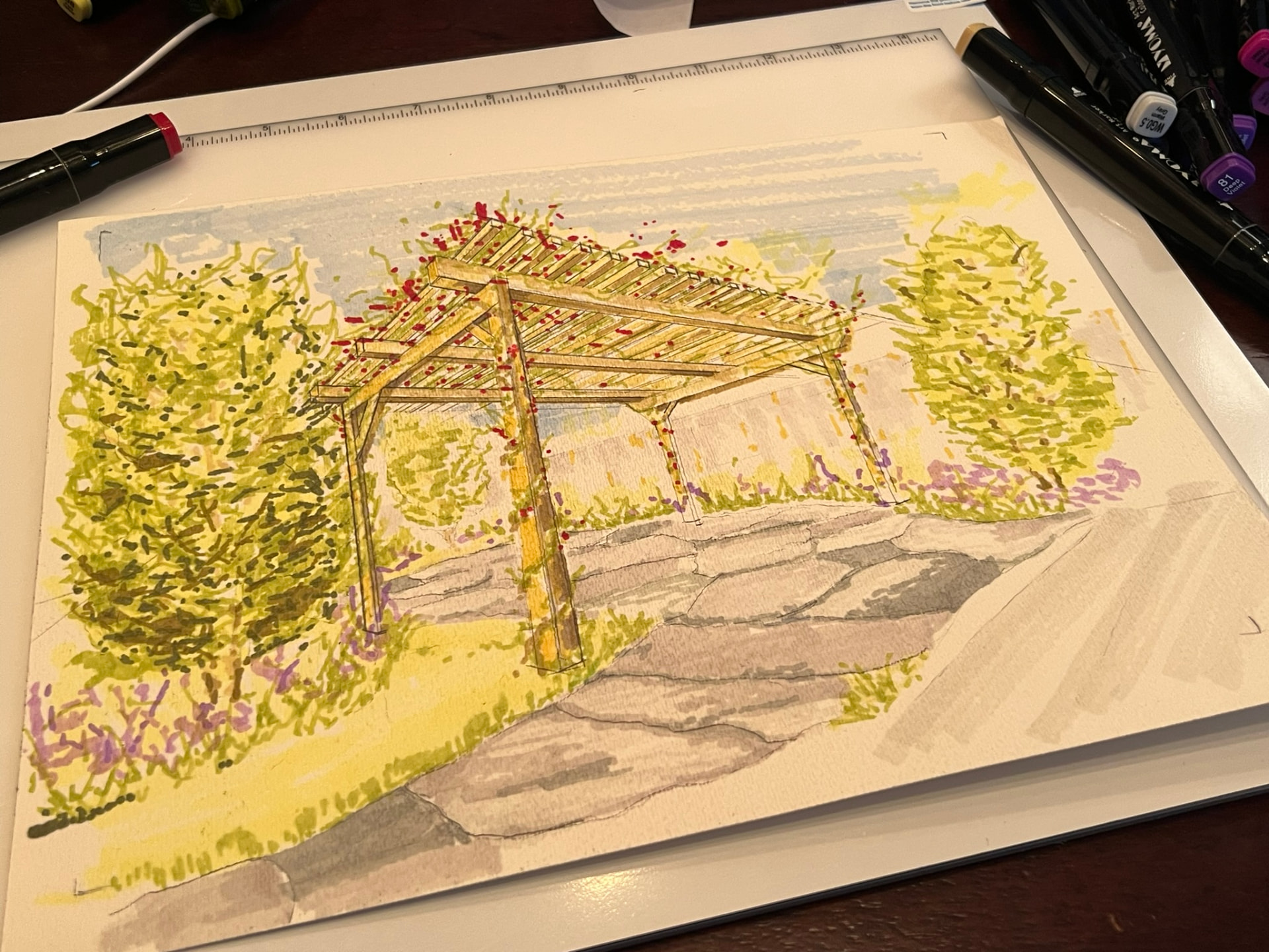 Hand-drawn watercolor sketch of the proposed pergola and patio design