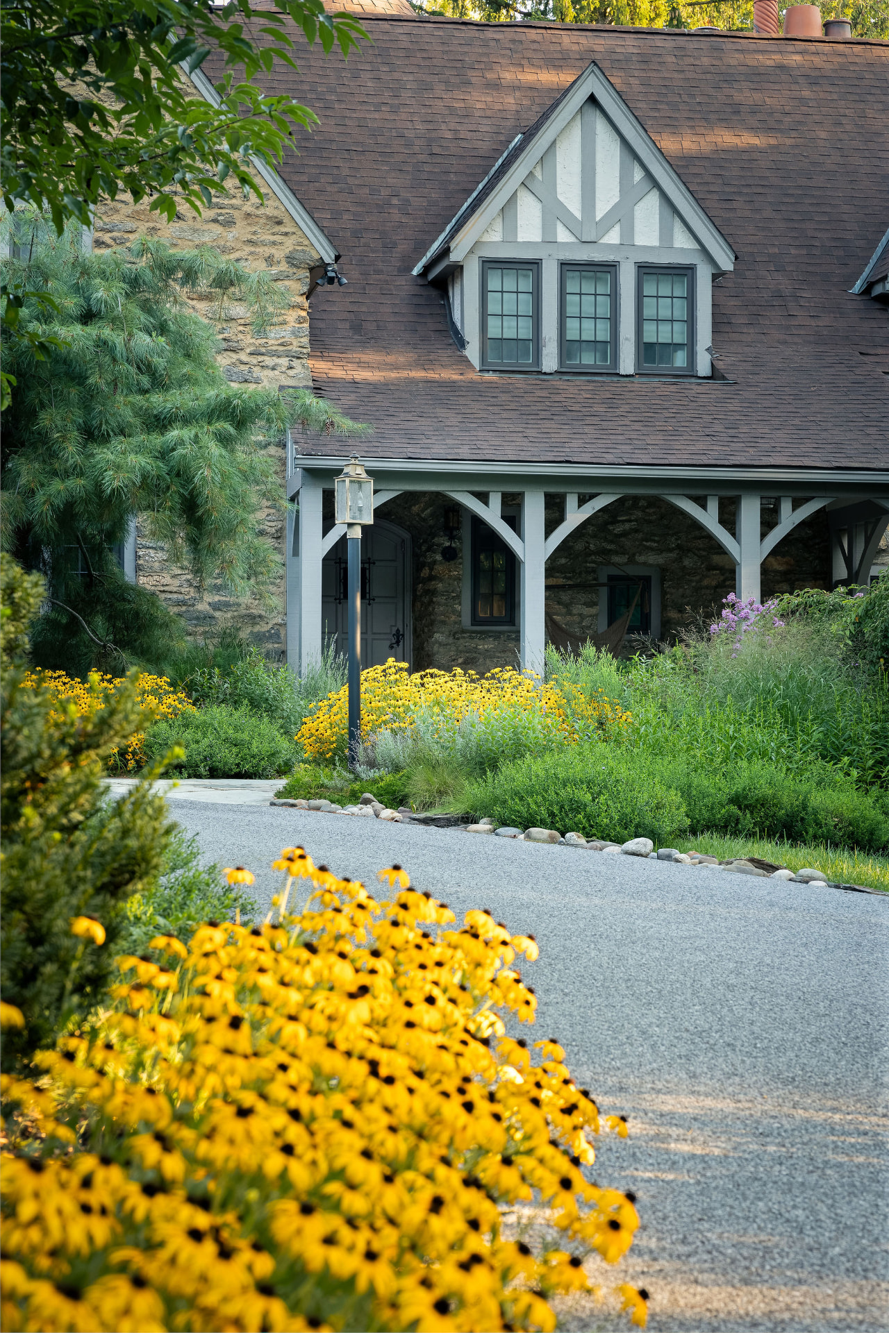 Closer view of the gravel drive lined with black-eyed Susans and green shrubs