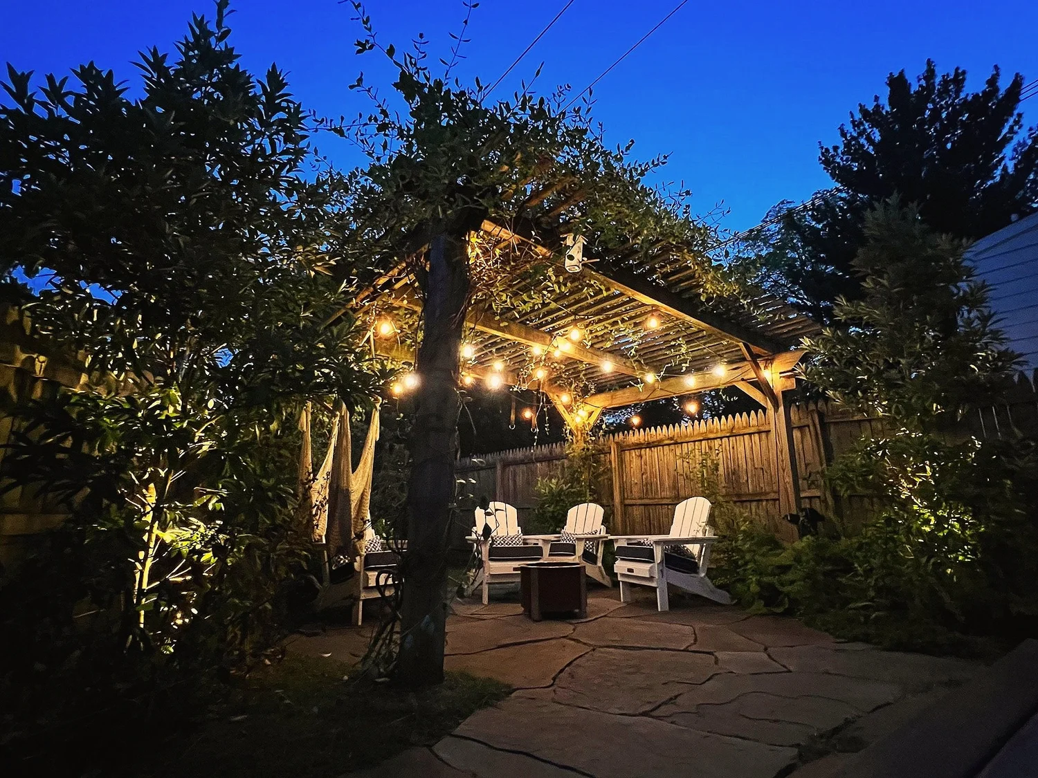 Bluestone patio and native planting in a Merion Station backyard in the evening